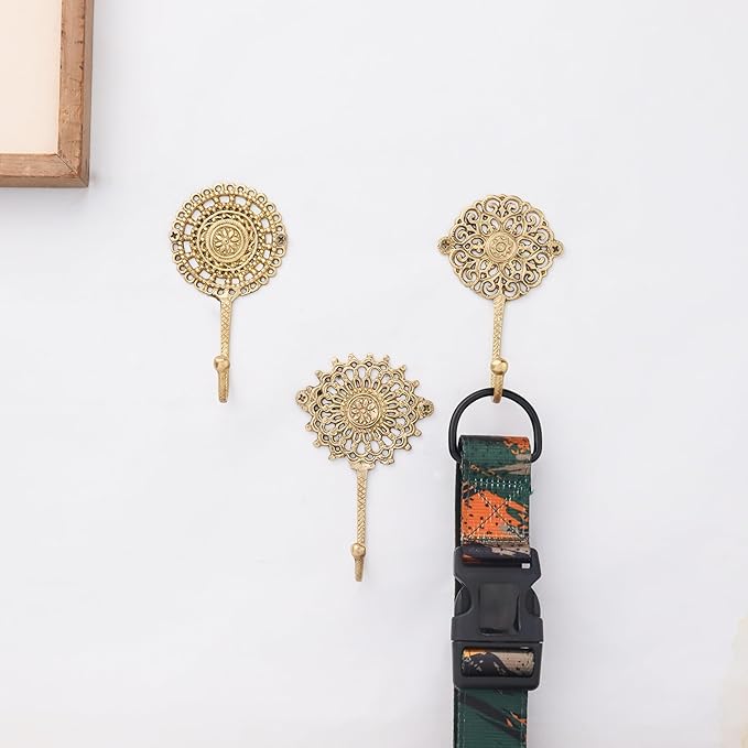Indian Shelf 3 Brass Gold Decorative Wall Hooks Boho Key Holder Wall Mount- Shabby Chic- Unique Coat Rack- Gold Vintage Hooks for Hanging- Hat Rack- Towel Holder- Purse Hanger