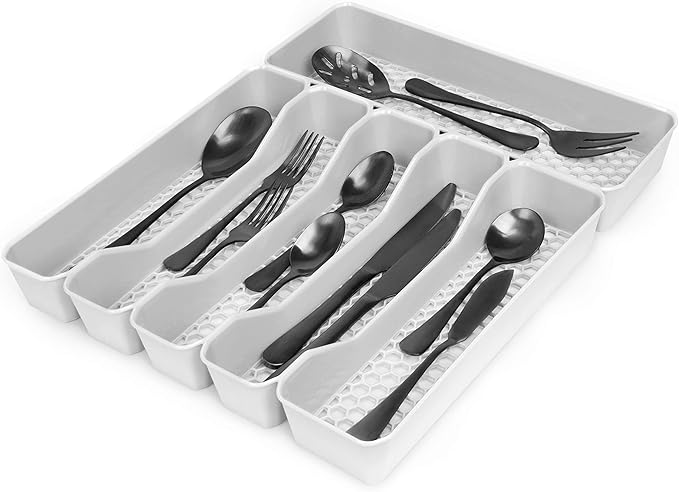 Spectrum HEXA 5-Divider Expandable Silverware Tray (Stone Gray) - In-Drawer Organizer for Kitchen Accessories, Cutlery, Knives, & More / Easy-to-Clean Home & Apartment Essential