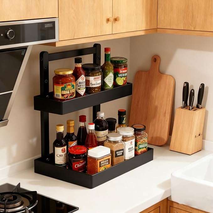 2-Tier Under Sink Pull Out Organizer, Bamboo Cabinet Storage Shelf with Adjustable Height, 9 Inch White Slide Out for Kitchen Bathroom Pantry Black