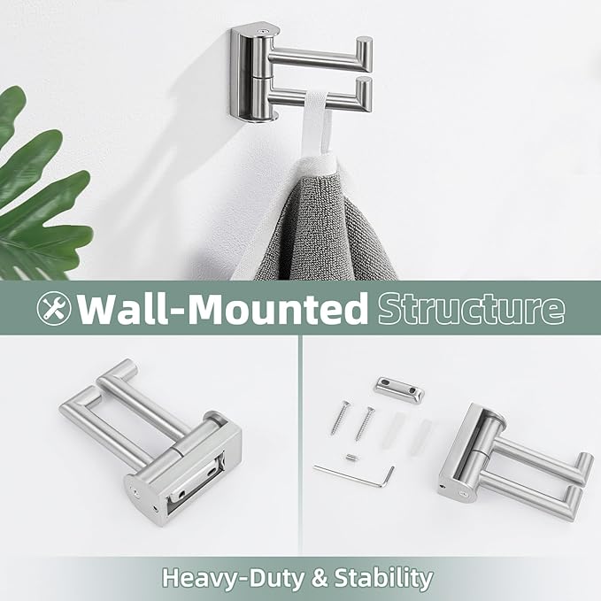 Brushed Nickel Double Swivel Towel Hook, 304 Stainless Steel Folding Clothes Hanger, Wall Mounted