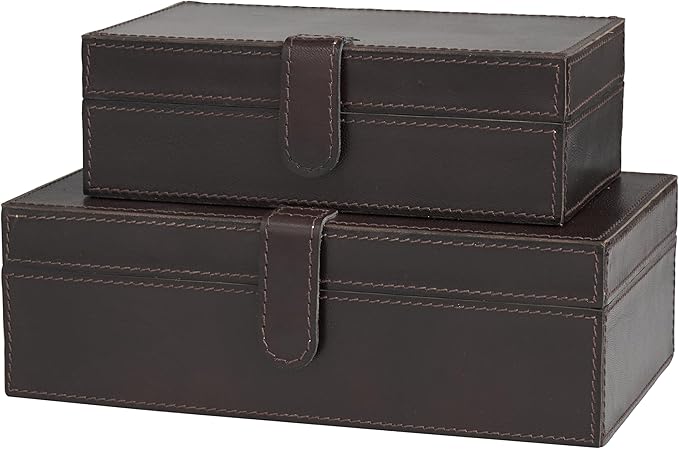 Deco 79 Leather Handmade Decorative Box Storage Decorative Keepsake Boxes with Snap Front Closure and Detailed Stitching, Set of 2 Storage Boxes 10", 8"W, Dark Brown