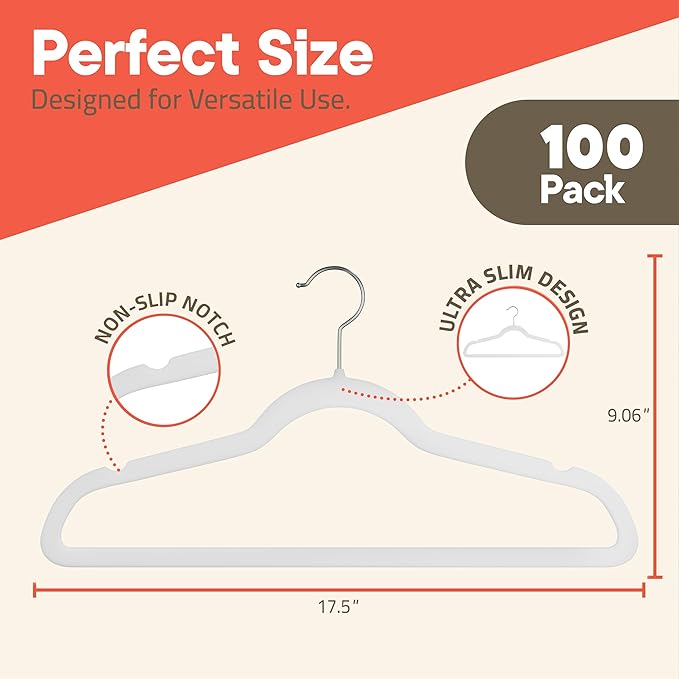White Velvet Hangers 100 Pack – 360° Swivel Hook, Non-Slip and Space Saving Hangers, Heavy-Duty 11 lbs Weight Capacity - Smooth Velvet Finish for Crease-Free Clothes and Effortless Closet Organization
