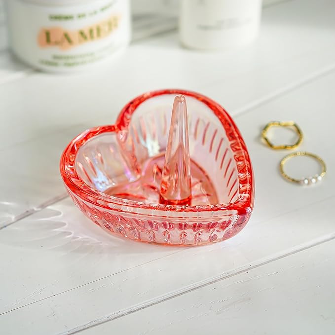 H&D HYALINE & DORA Glass Ring Holder Dish,Crystal Glass Heart Shaped Ring Holder for Women, Crystal Jewelry Tray for Rings,Earrings(AB color-pink)