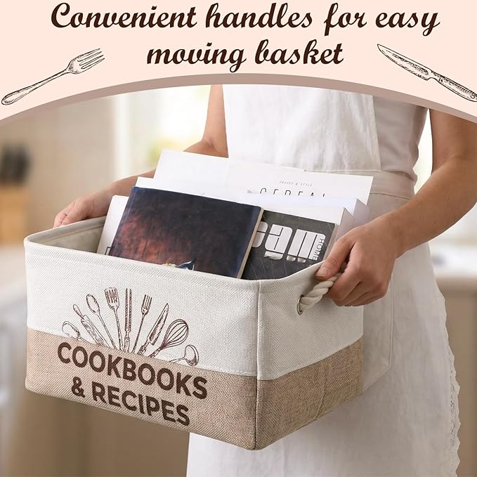 Marsui Cookbook Lover Gifts Recipe Book Storage Basket Large Foldable Bin Burlap Kitchen Decor Bin for Recipe Books Cookbooks Organizer Pantry Tabletop Shelf Closet Floor