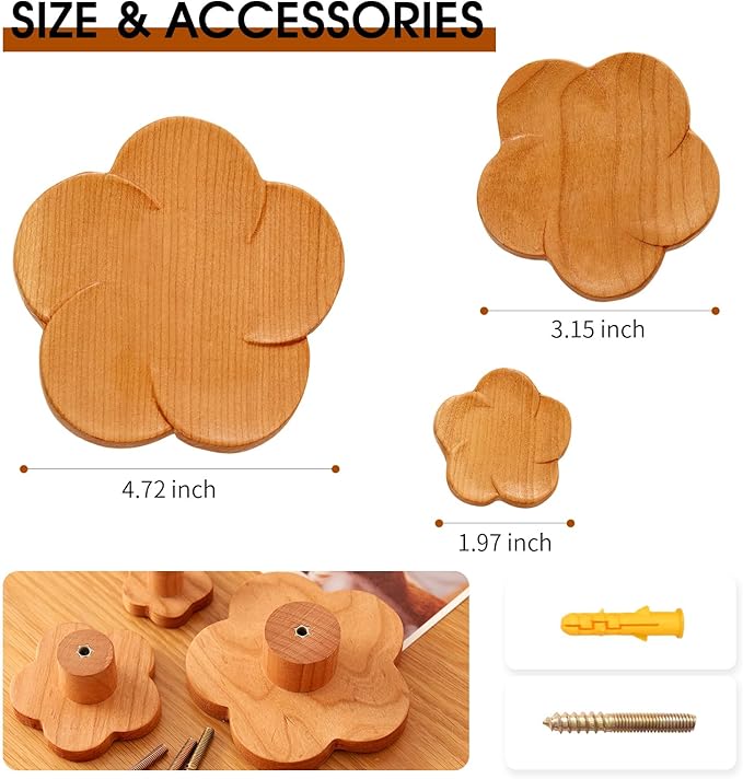 Cherry Wood Wall Hooks Flower-Shaped Wooden Coat Rack Wall Mount, Handcraft Coat Hooks Heavy Duty Entryway Wall Hangers for Hanging Hats, Bags, Clothes Decorative Hook (Diameter 8cm, Pack of 1)