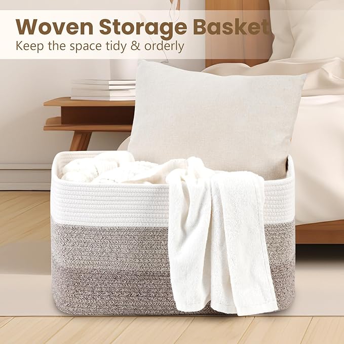 75L Large Blanket Basket, Woven Storage Baskets with Reinforced Handles, Rope Laundry Basket for Living Room, Bedroom, Nursery, Toys, Clothes, Pillows, 22â x 17â x 11.5â, White & Brown