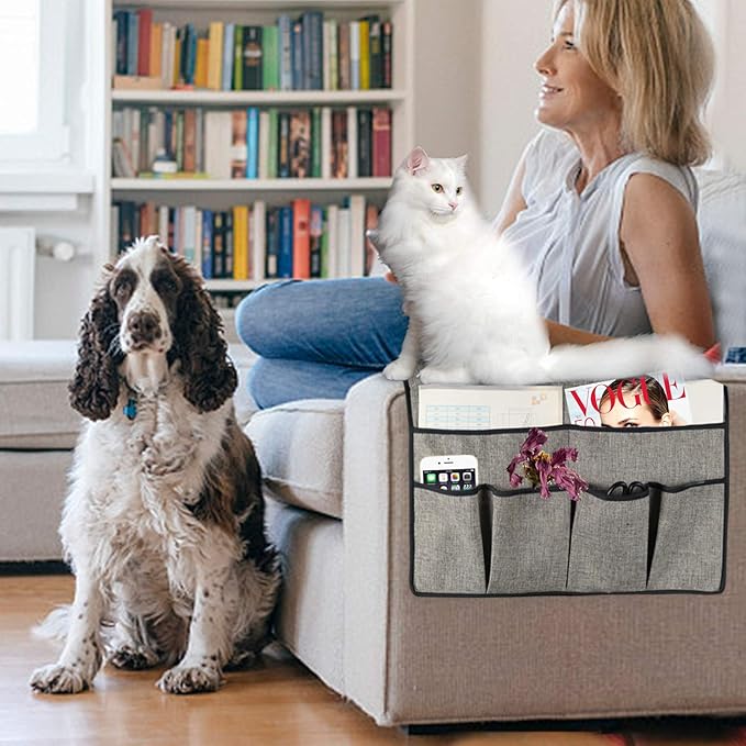 Iwtmm Armrest Caddy Organizer Storage Holder for Couch Sofa Armchair Fit Magazine, Reading Glasses, Books, TV Remote Control, Cell Phone, iPad, 19x35 Inches, Black (Pack of 2)