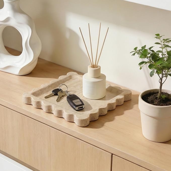 Elegant Square Marble Decorative Tray with Scalloped Edge Natural Stone Vanity Tray Organizer for Counter, Vanity, Dresser, Nightstand, Bathroom & Kitchen Sink(Beige Travertine)