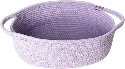 Purple Small Woven Basket, 13â x 9â x 5â Baskets for Gifts Empty, Cotton Rope Gift Basket, Cute Nursery Baby Organizer, Cat Dog Toy Box, Oval Wicker Storage Bin with Handle