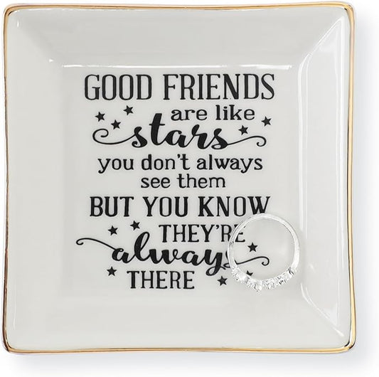 HOME SMILE Good Friends Bestie Birthday Gifts for Women Her Ring Trinket Dish Jewelry Tray-Good Friends are Like Stars - You Don't Always See Them But You Know They're Always There, Friendship Gifts