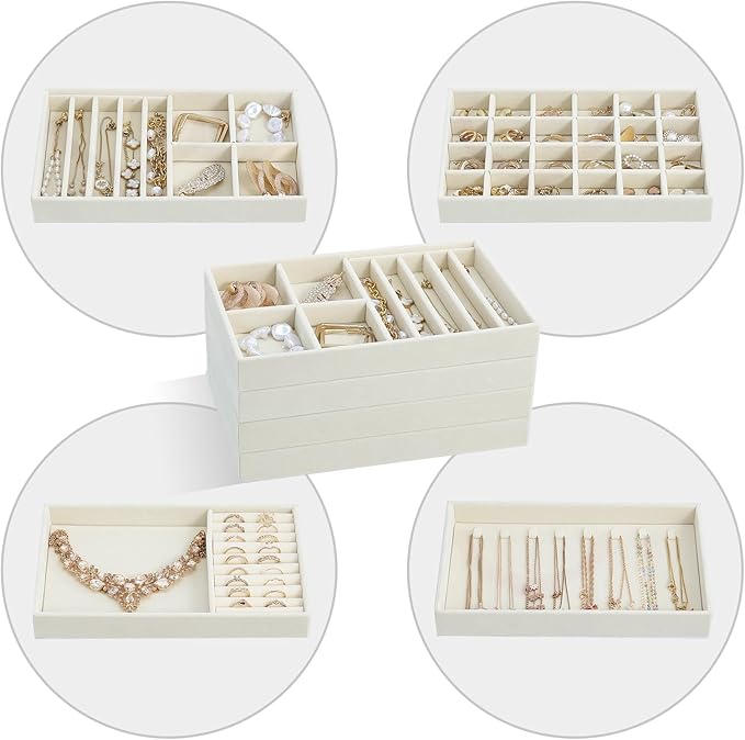 ProCase Stackable Jewelry Organizer Trays for Drawers, Jewelry Drawer Inserts Container Display Case Storage for Earring Necklace Rings Bracelet with Removable Dividers -Cream Beige, 4 Layers