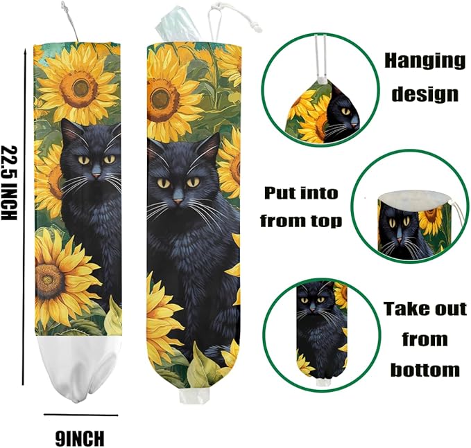 Sunflower Cat Plastic Bag Holder 22.5x9 Inch,Wall Mount Grocery Bag Holder for Plastic Bags,Reusable Large Grocery Bags Storage Dispenser,Home Kitchen Pantry Decor,Cat Gifts for Women Mom Grandma