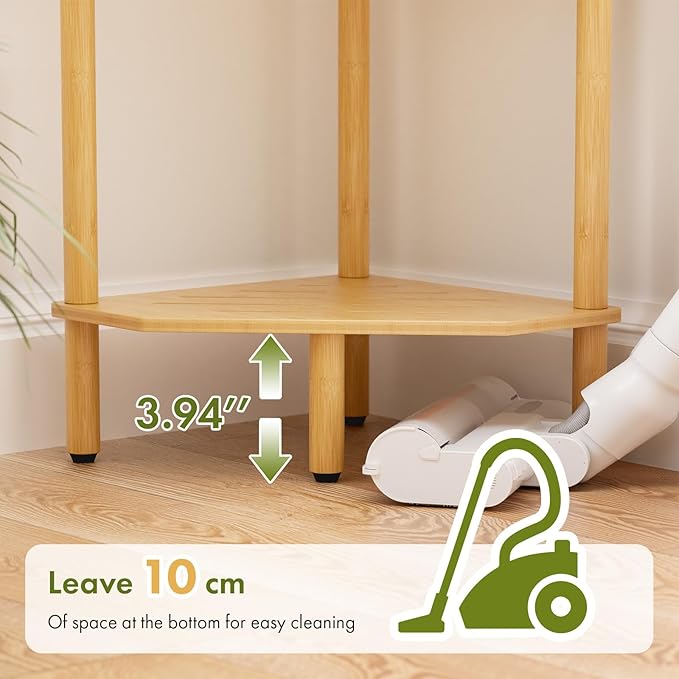 Corner Shelf Stand, 4 Tier Bamboo Corner Bookshelf, Narrow Tall Bookcase, Corner Shower Caddy, Open Storage Shelves, Plant Display Shelf, for Living Room, Kitchen, Office, Balcony, Bathroom