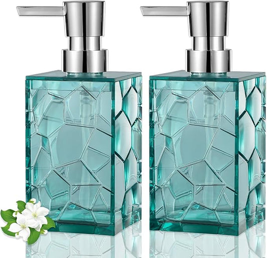 Hand Soap Dispenser, Clear Acrylic Plastic Liquid Pump Bottles Refillable Lotion Dispenser for Bathroom Decor Kitchen College Dorm, Teal 2 Pack