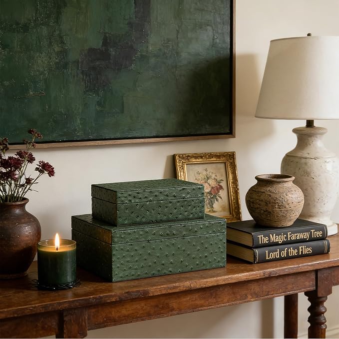 Decorative Storage Boxes Set of 2 Faux Ostrich Leather Decorative Boxes with Lids Large Nesting Jewelry Boxes, Photo Memory Box Modern Home Decor