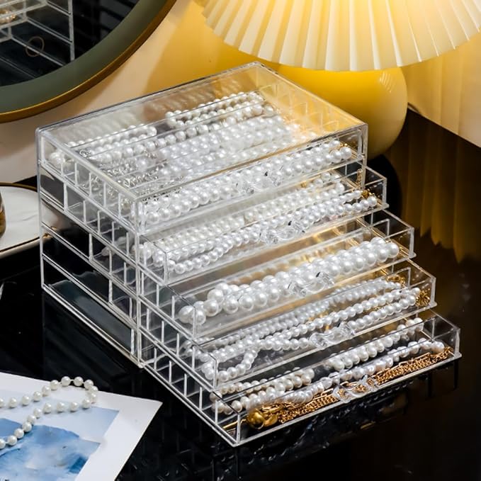 Necklace Box Necklace Holder Organizer, Acrylic Necklace Organizer Box Clear Necklace Display Jewelry Tray with Transparent Lid Jewelry Display Box for Necklace (Clear White, 5 Drawer 30 Girds)
