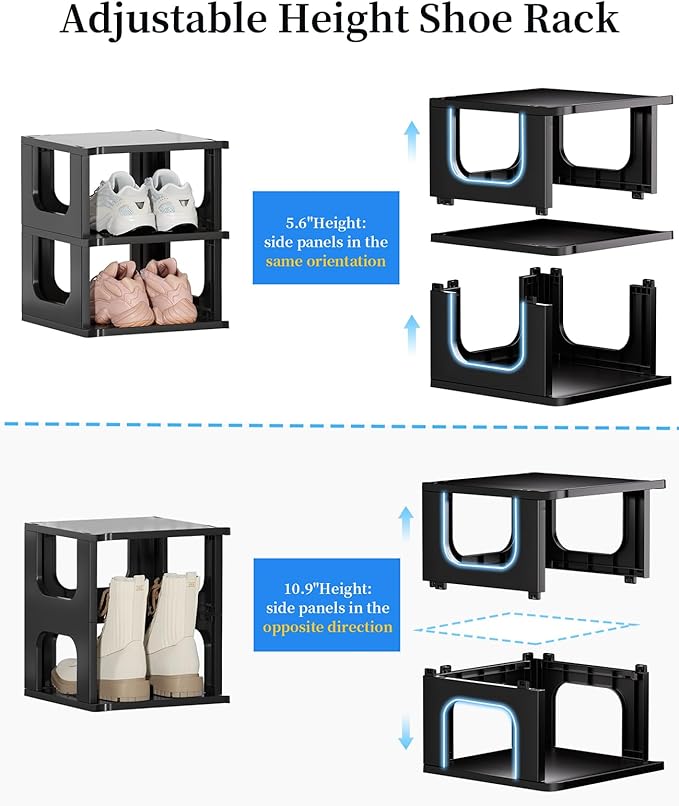 HAIXIN Shoe Organizer Rack for Small Spaces 5 Tier Plastic Vertical Narrow Shelves for Closet Black Shoe Holder, Stand for Entryway Storage Boots Organizer Stackable Cabinet (Pack of 2)