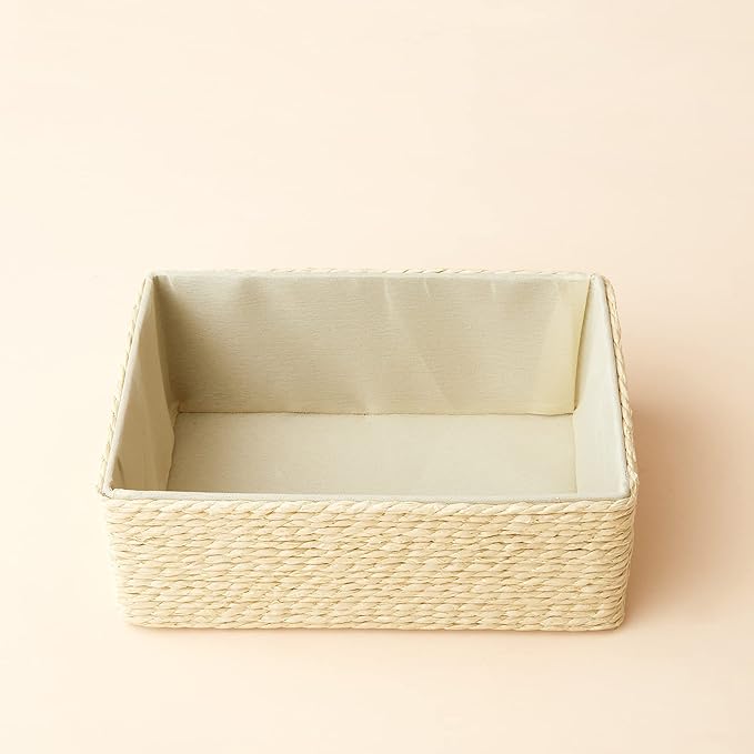 Storage Baskets Set 4 - Stackable Woven Basket Paper Rope Bin, Storage Boxes for Makeup Closet Bathroom Bedroom (Beige)