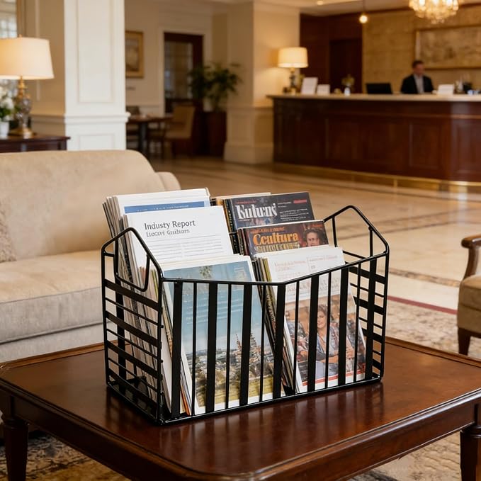 Metal Magazine Holder, Document File Rack with Handle, Newspaper Book Folder Mail Organizer Bin, Iron Wire Tablet Storage Basket Stand for Home Office Bathroom Bedroom Den Living Room, Black