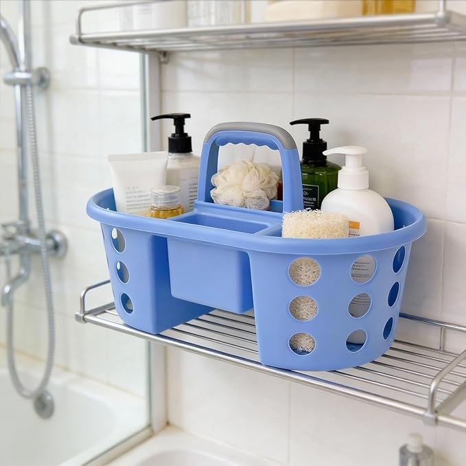Large Shower Caddy Portable 2PC - Made in USA Plastic Jumbo Size Dorm Storage Candy Tote with Handle Shower Organizer for Bathroom, Pantry, Kitchen, College Dorm, Red/Periwinkle