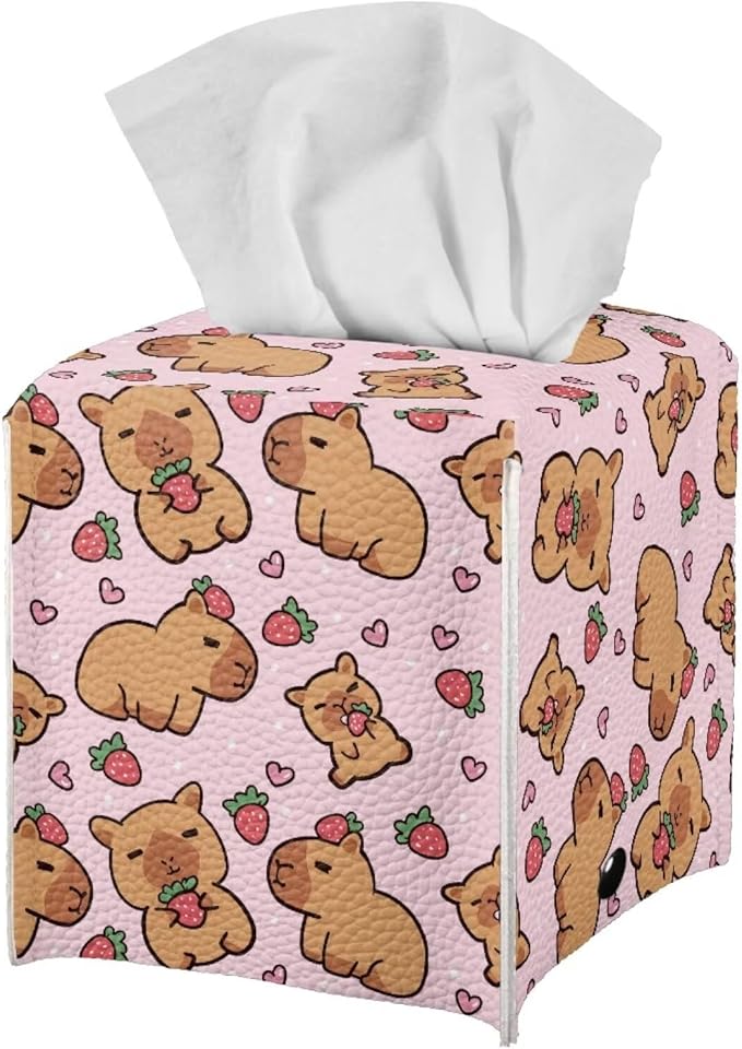 Capybara Strawberry Tissue Box Covers Foldable Square Facial Tissue Case Waterproof Facial Paper Organizers Dispenser for Bathroom Night Stand