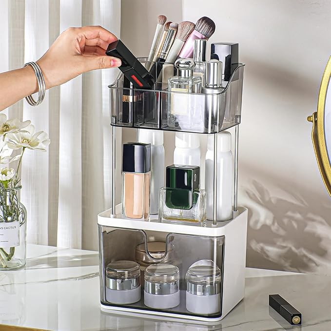 FORUP Makeup Organizer for Vanity, 2-Tier 1-Drawer Bathroom Counter Organizer, Multi-Purpose Vanity Organizer, Skincare Perfume Organizers for Vanity Bathroom Countertop, Grey