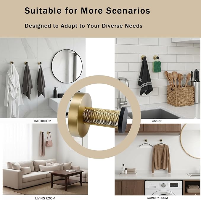 Single Towel Hook, Wall Mount Robe Hook in Stainless Steel with Solid Brass Knurled Accents, Heavy Duty Coat Hook for Bathroom, Kitchen, Entryway（3-Pack, Black and Gold）