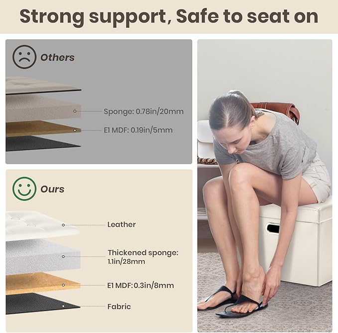 COSYLAND Storage Ottoman Foot Rest - 17x13x13in Leather Ottoman Rectangle Foot Stool Folding for Room Dorm Small Collapsible Bench Seat Organizer Entryway Furniture with Handles Lid Beige