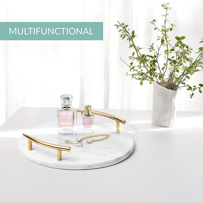 White Marble Tray with Gold Handles - Elegant Solid Marble - Chic Modern Elegant Round Vanity Tray for Bathroom