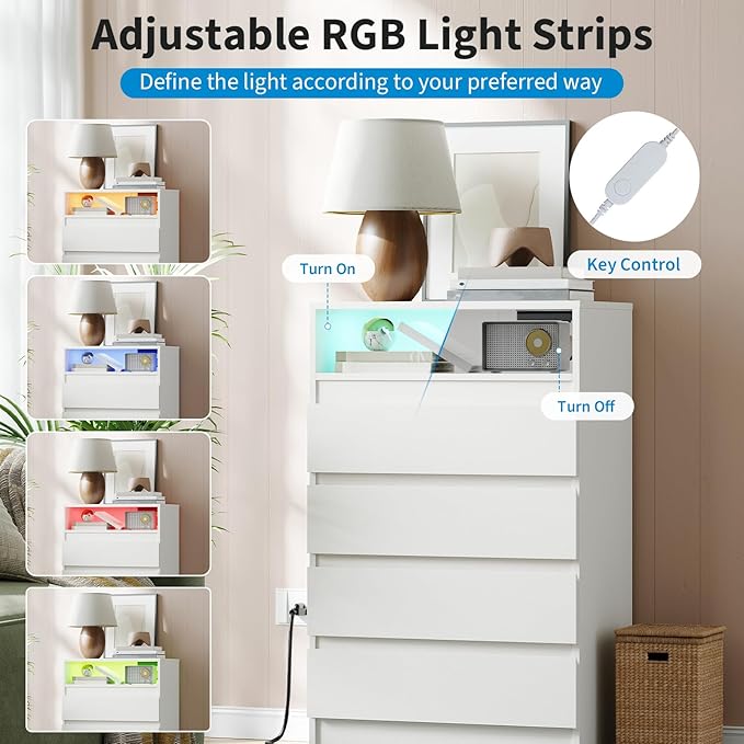 4 Drawer Dresser with Charging Station and LED Lights, Modern Chest of Drawers with Power Outlet, Organizer Cabinet for Bedroom, Living Room, Entryway, White