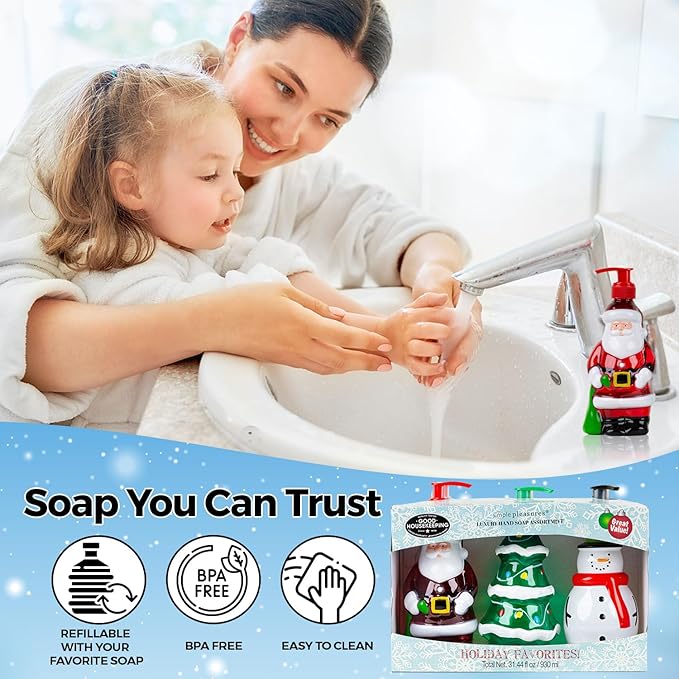 Simple Pleasures Snowman, Santa & Christmas Tree 3 Pack: Holiday Apple, Balsam Fir & Snow Scented Decorative Refillable Soap Dispensers for Kitchen Countertops and Bathroom Sinks