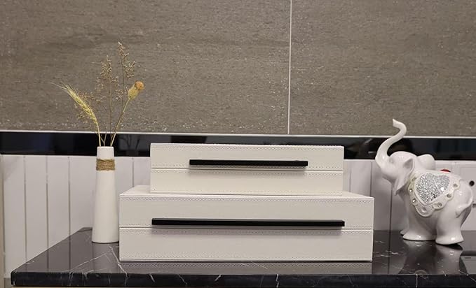 Set of 2 White Faux Leather Decorative Boxes With Black Metal Handles，Faux Leather Jewelry Boxes Storgage Boxes Organizer Box For All Occasions White Home Decor (Peal White- Black, 2pack)