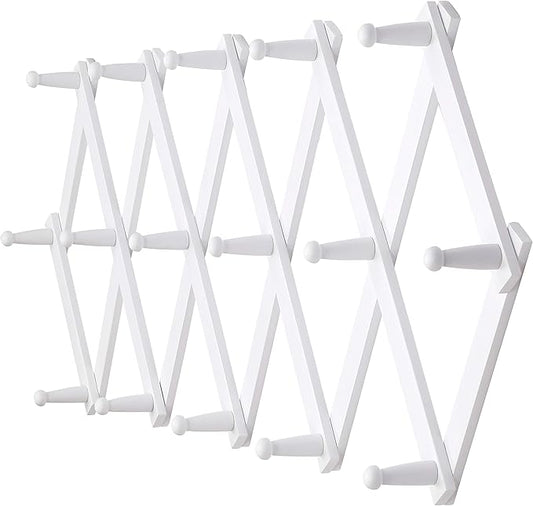 Dseap Accordian Wall Hanger: 16” High Wooden Wall Expandable Coat Rack, Hat Rack Holder, Accordion Hook for Baseball Caps, Coats, Mugs, 16 Peg Hooks, White