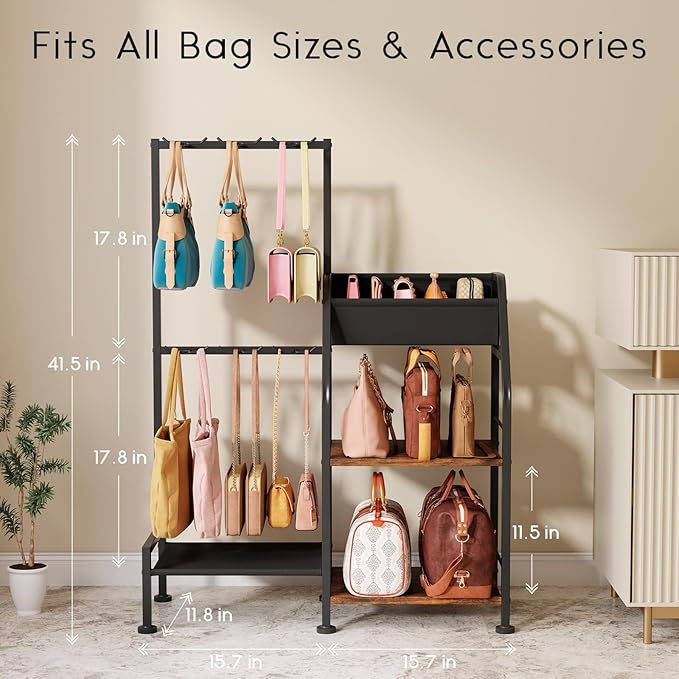 Purse Organizer for Women - 3-Tier Storage Stand & 12 Fixed Hooks, Visible Backpack Storage, Space-Saving Bag Organizer Rack for Home, Closet, Black