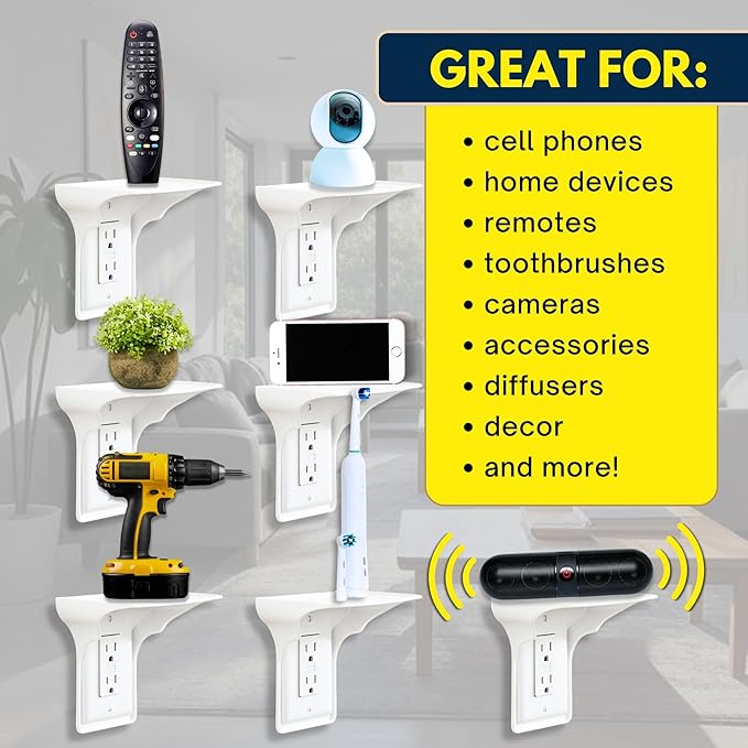 BeraTek Power Perch Wall Outlet Shelf with Cord Storage Strap - Declutter & Reclaim Counter Space - Alexa Holder, Charging Stand, Apple Homepod Mini Wall Mount - White, 1-Pack