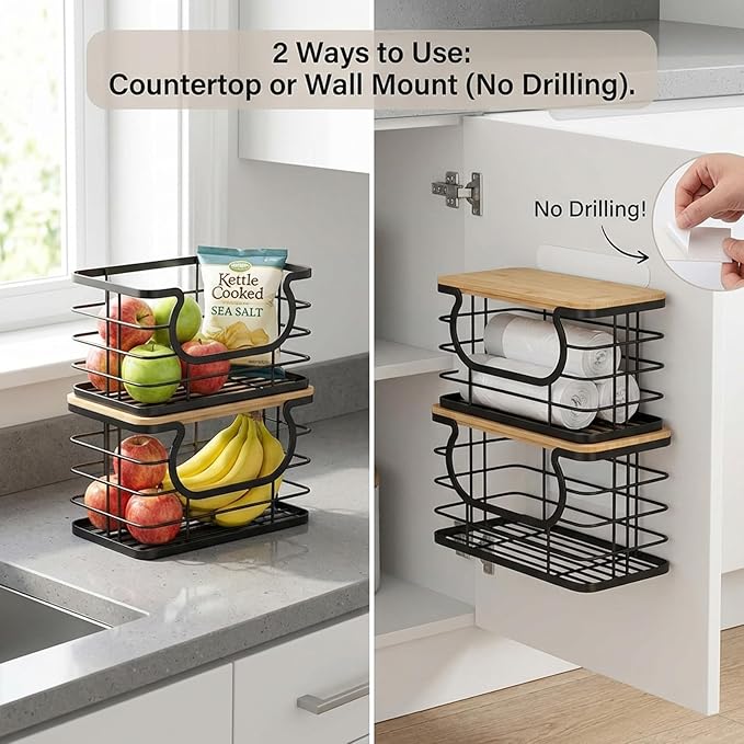 2-Pack Stackable Trash Bag Holder with Natural Fiber Top, Under Sink Garbage Bag Dispenser for Kitchen Storage & Organization, Multi-Use Wire Basket Organizer for Laundry Room & Pantry, Black