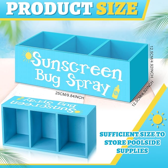 Sunscreen Bug Spray Storage Basket Blue Summer Wooden Box with 3 Compartments Toilet Tank Tray for Indoor Outdoor Swimming Pool Decor Sunblock Sunglasses Beach Pool Toy Storage Box