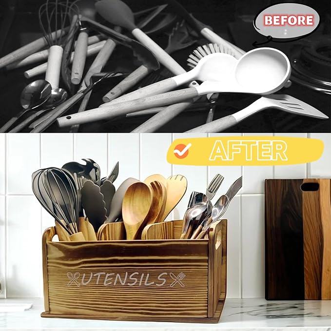 Utensil Holder Rustic Wood White Large Farmhouse Spatula Organizer for Kitchen counter Farmhouse,Countertop,Cooking Tools Storage (Wood)