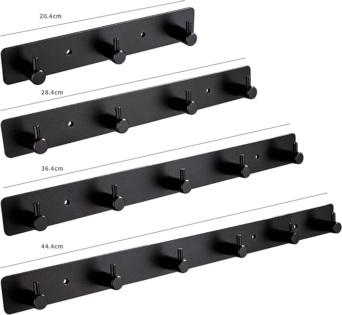 Black 4 Wall Hooks, Matte Black Bathroom Hook Rail, Self Adhesive Key Hook Rack Hanger Towel Robe Stick Hooks for Toilet Entryway Hallway Kitchen Wall Mounted