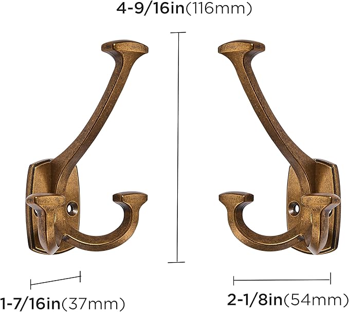 Large Wall Double-Sided Hook 10 Pack Antique Brass Hook Decorative Heavy Duty Solid Large Coat Hooks for Towel Hanging Coats Robe Towel Bags Door Back 2 Prong Hooks