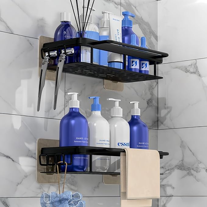 2-Pack Adhesive Shower Caddy – Rustproof Aluminum Black Shower Shelves with Towel Bars & Hooks, No Drill Bathroom Organizers and Storage, Anti-Tip Shower Organizer for Inside Shower