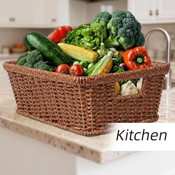 Wicker Storage Basket Water-resistant:Storage Basket with Built-in Handles,Rectangle Basket for Shelf, Brown, 2-Pack