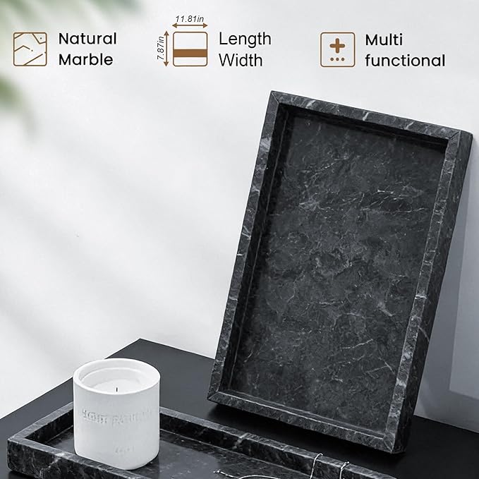 Natural Marble Tray, Stone Tray for Bedroom/Bathroom/Kitchen/Vanity Countertop, Jewelry Tray for Rings Earrings Necklace Bracelet Watch, Room Decor Aesthetic