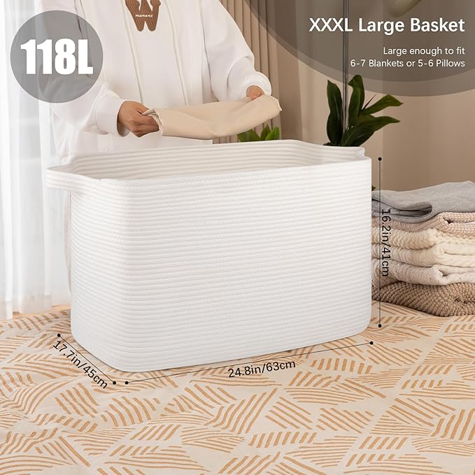 118L Extra Large Blanket Basket, 24.8"x17.7"x16.2" Woven Rope Baskets for Storage, Nursery Blanket Storage for Living Room, Toy Basket with Handle Organizing Comforter Cushions Pillows, White