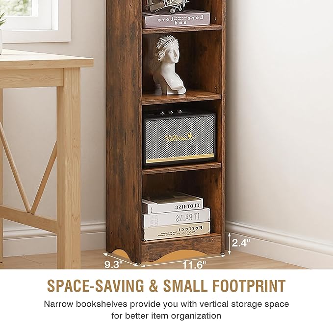 VECELO Narrow Tall 71 inch Adjustable Bookshelf - Customizable Shelf Heights, Elevated Dust/Moisture-Proof Base, Rustic Wood Display Shelf for Living Room Bedroom Small Spaces-Brown