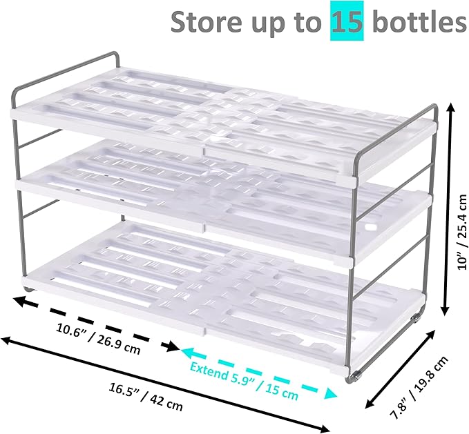YAN & HIN Water Bottle Organizer for Cabinet, 3-Tier Expandable Bottle Storage Rack, Adjustable Height Holds 15 Bottles, Tumbler & Baby Bottle Organizer for Kitchen Pantry Counter (2 Pack)