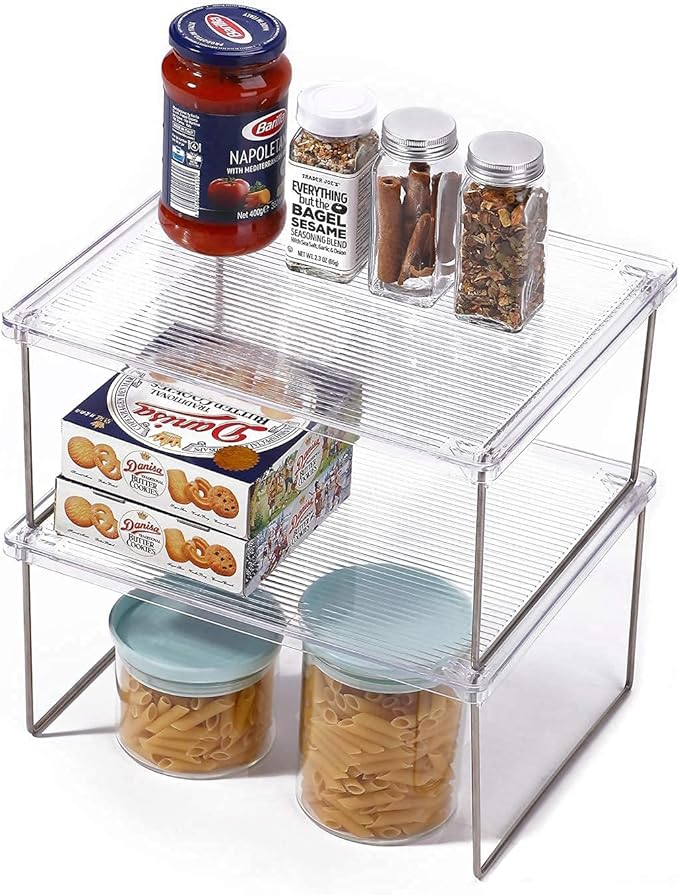 IVYHOME Pantry Organizer, Cabinet Storage Shelf Rack, Stackable Kitchen Cabinet, Foldable Countertop Shelf Organizer, 2 Pack
