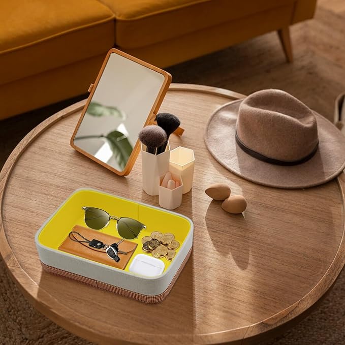 TUNJILOOL Jewelry Tray Leather Valet Jewelry Box Nightstand Organizer, Bedroom Dresser Bedside Organizer Countertop Catch Key,Wallet,Phone,Watch,Coin,Glass Unique House Warming Gifts