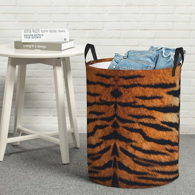 Tiger Animal Texture Round Laundry Hamper Storage Basket Toys Clothes Organizer Bin For Home Bathroom Bedroom Dorm Nursery, 38l