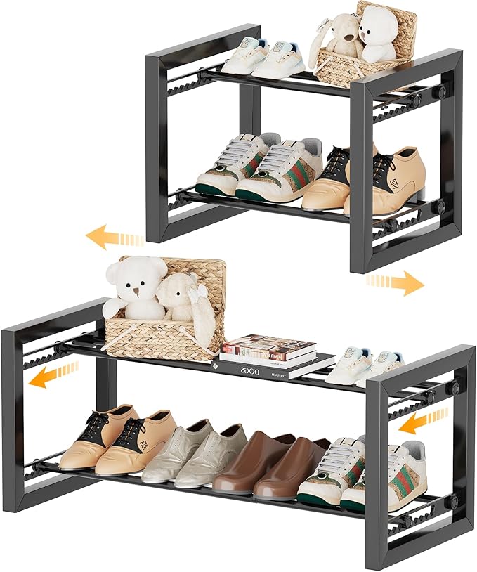 Homeiju Expandable Shoe Rack, 2 Tier Metal Shoe Shelf, Adjustable Shoe Stand for Sneakers, Boots, Heels, Heavy-Duty Steel Standing Shoe Organizer for Entryway, Closet, Bedroom, Black